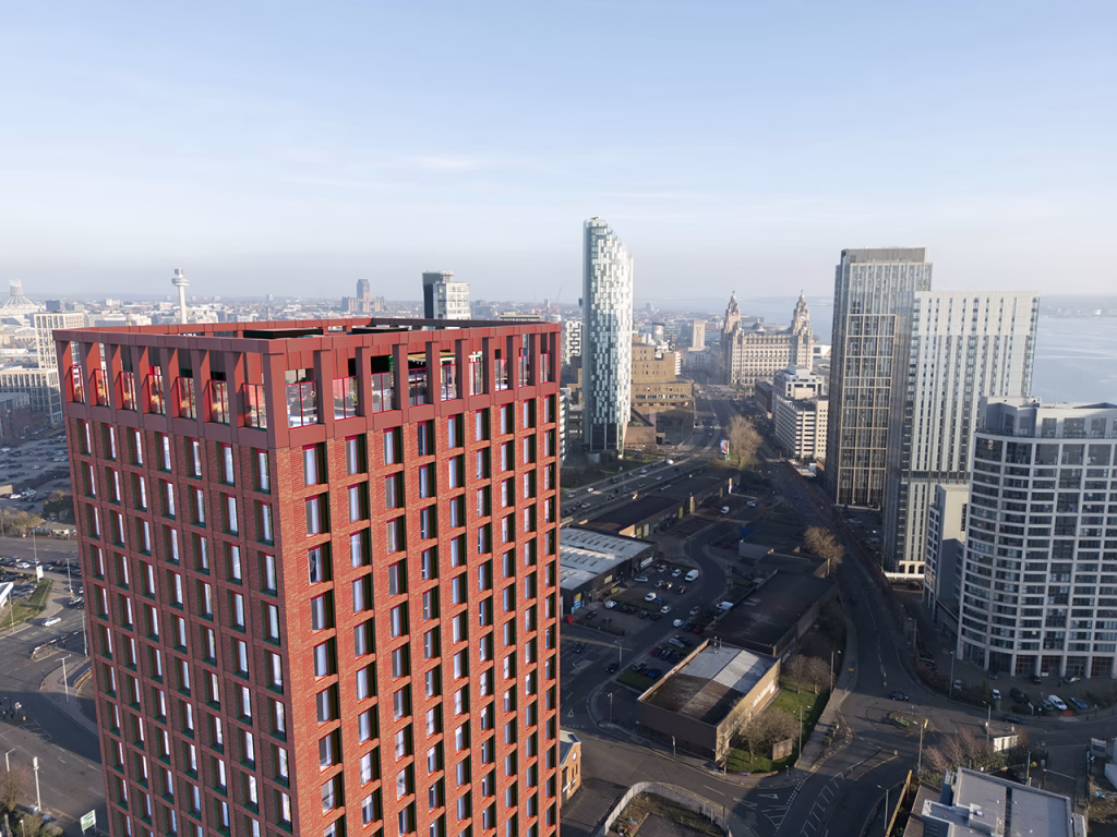 Upper view CGI of No. 1 Kings by Kings Liverpool, looking south over the Liverpool waterfront
