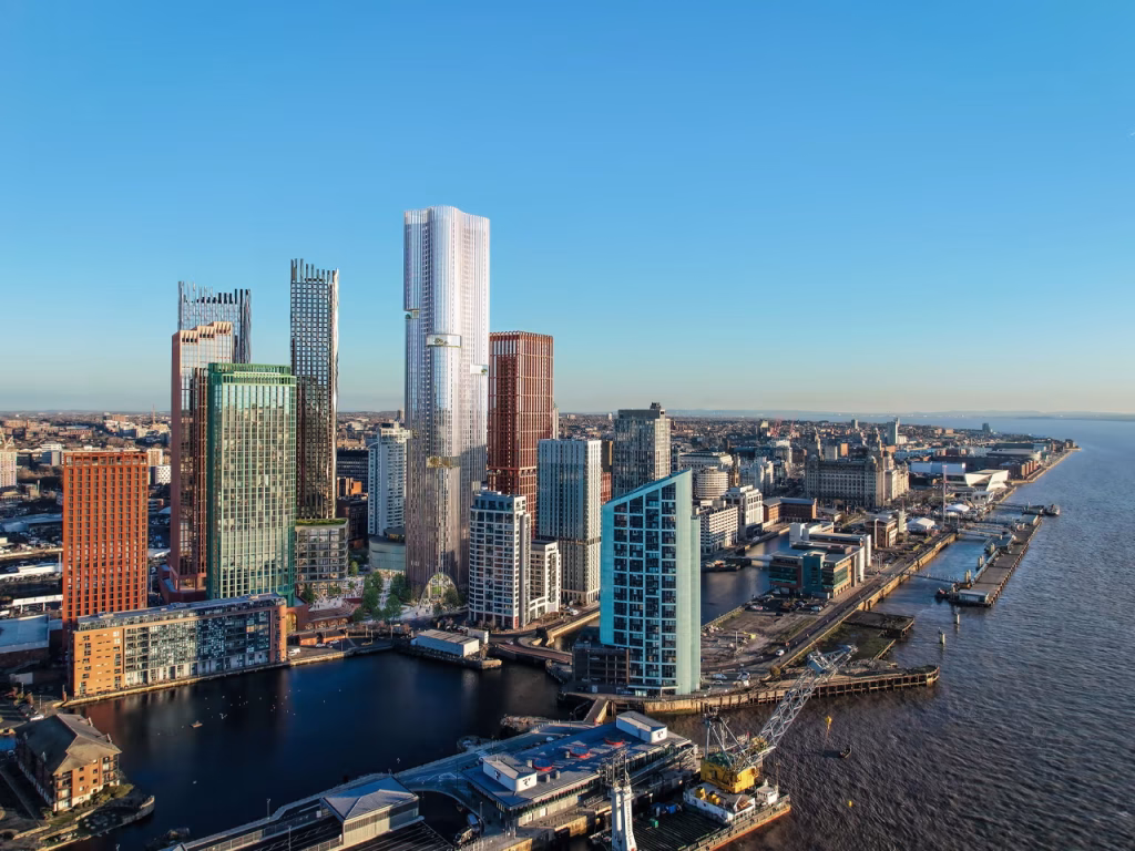 Liverpool waterfront skyline with Kings development CGI looking south